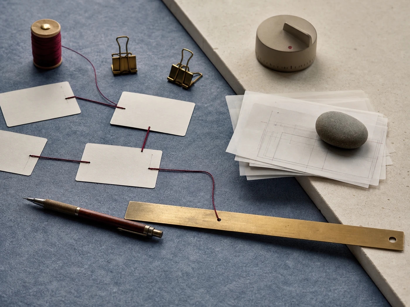 Workplace still life of a badge without text, pen, project sketches, meeting objects, and evidence of quiet preparation