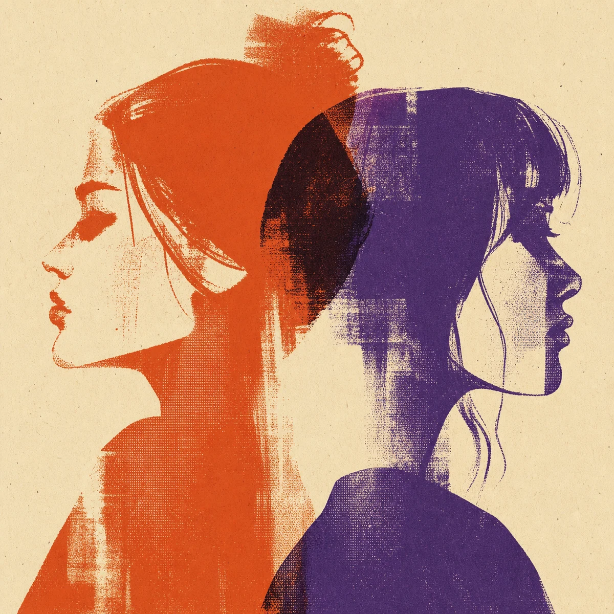 Two-color screenprint of imperfect mirrored sister profiles