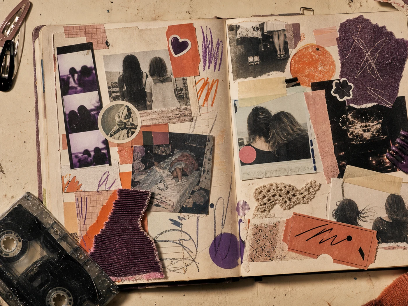 Sticker-diary zine of old photographs, room objects, and sibling ephemera