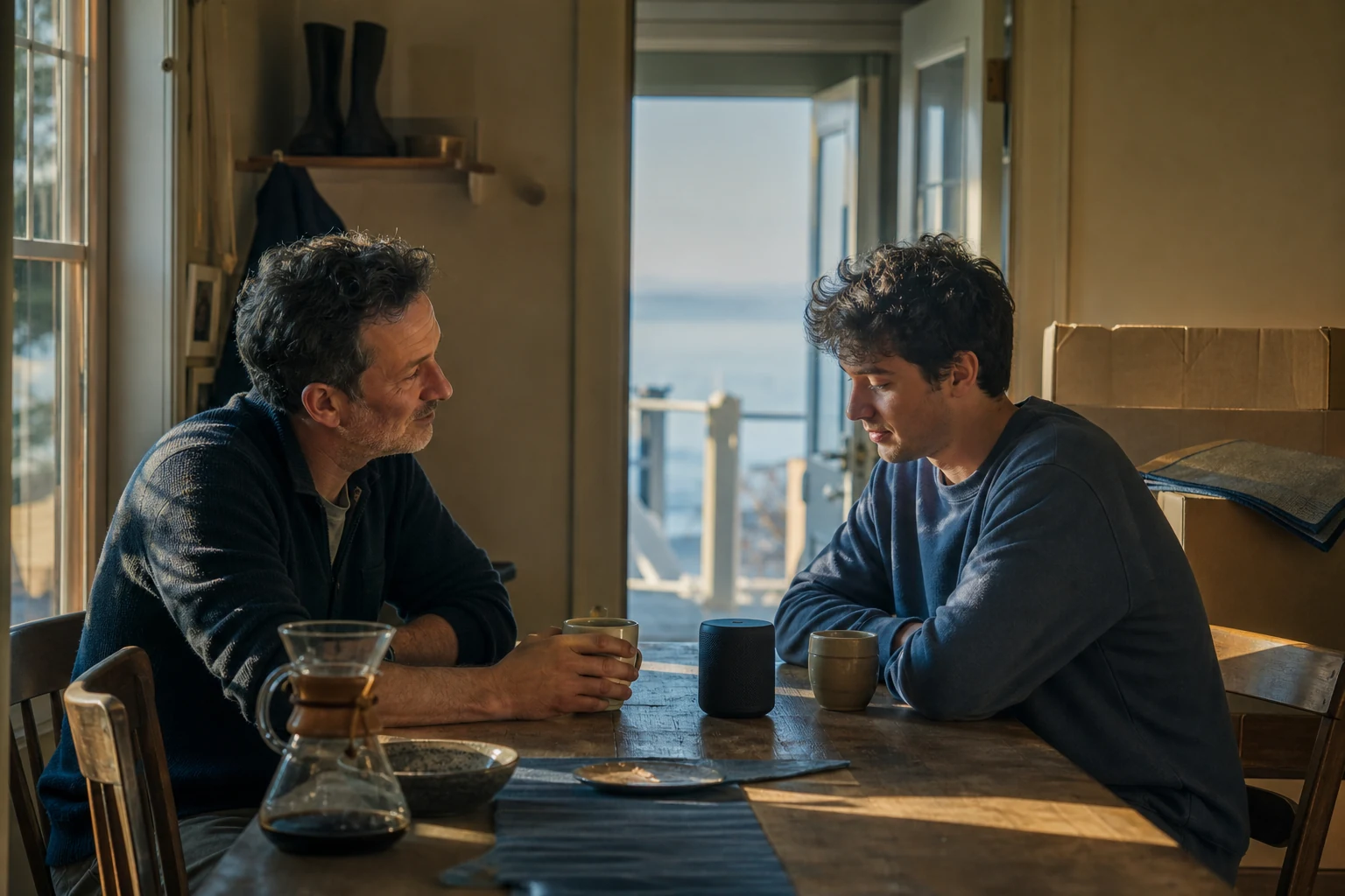 Parent and son sharing a private song before a birthday or departure