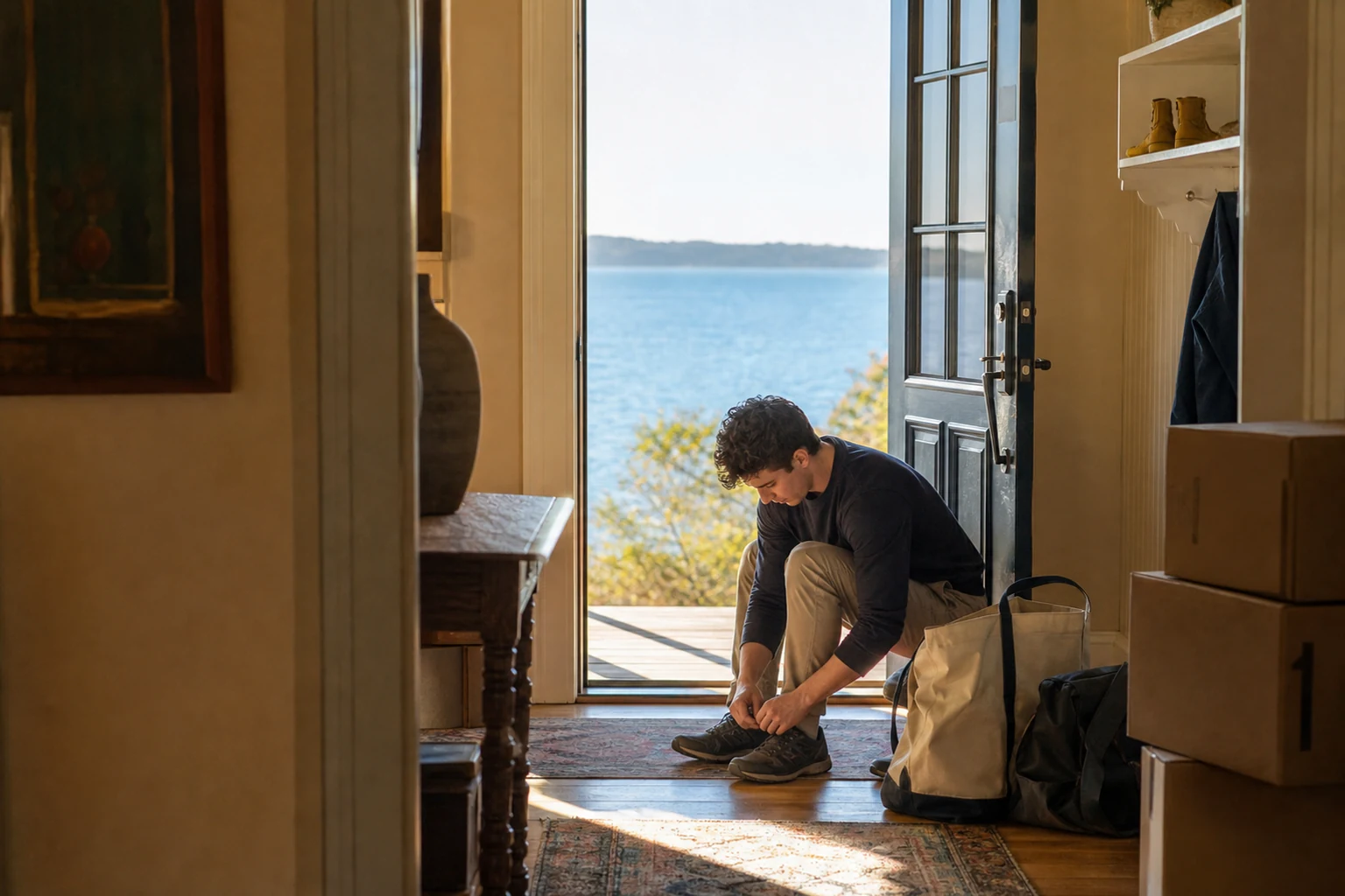Parent-view growth photograph of a son moving through lake-blue and ochre light
