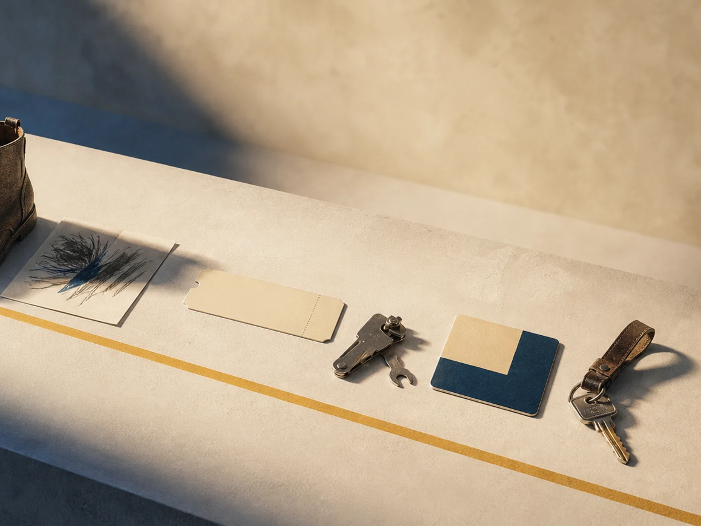 Timeline of changing shoes, childhood art, tickets, and objects from different ages