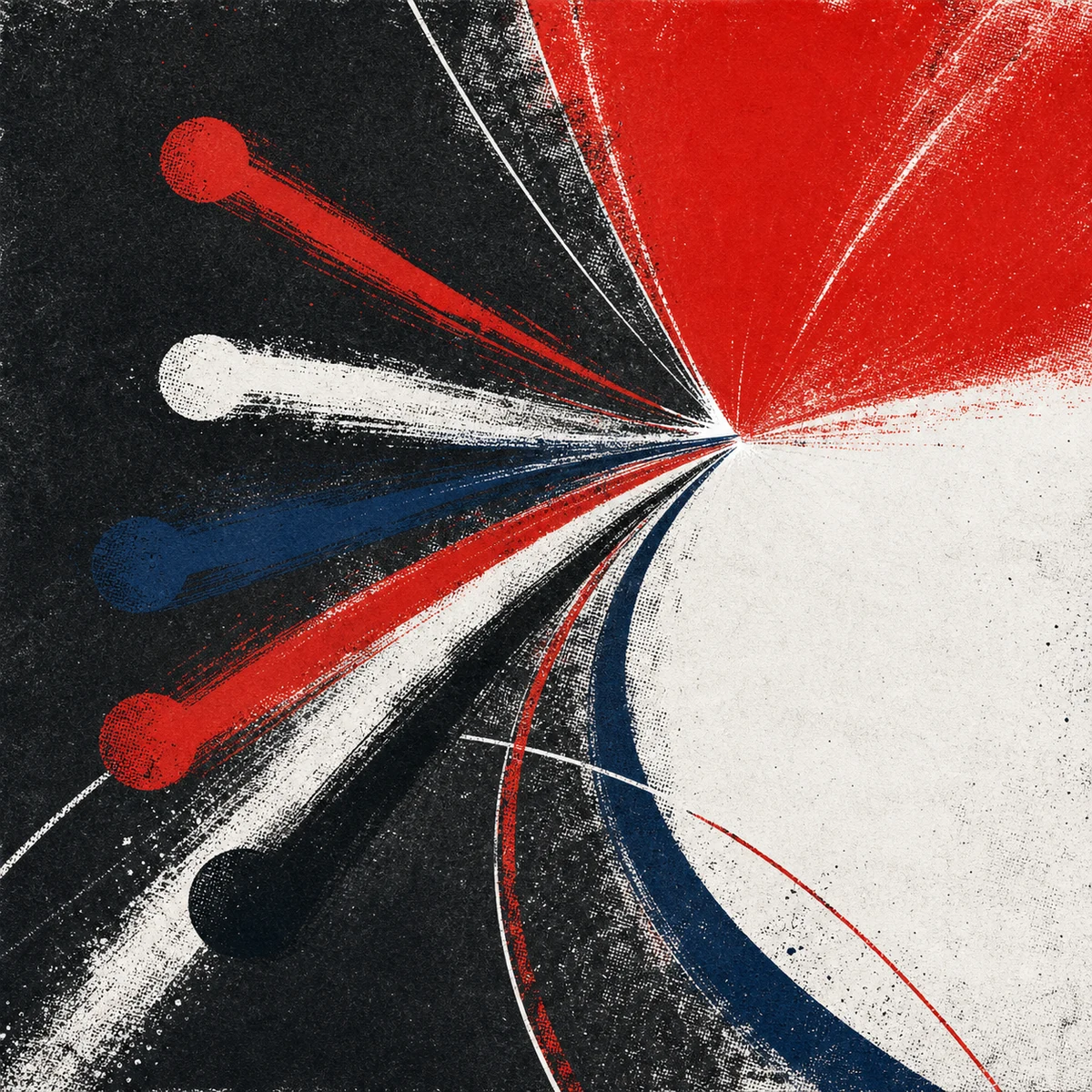 Grainy screenprint of converging athletic motion in scarlet and navy
