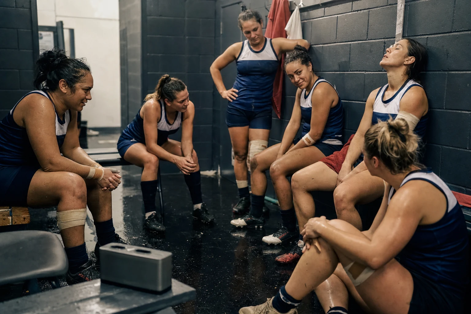 Documentary scene of a team listening together after competition in a locker room