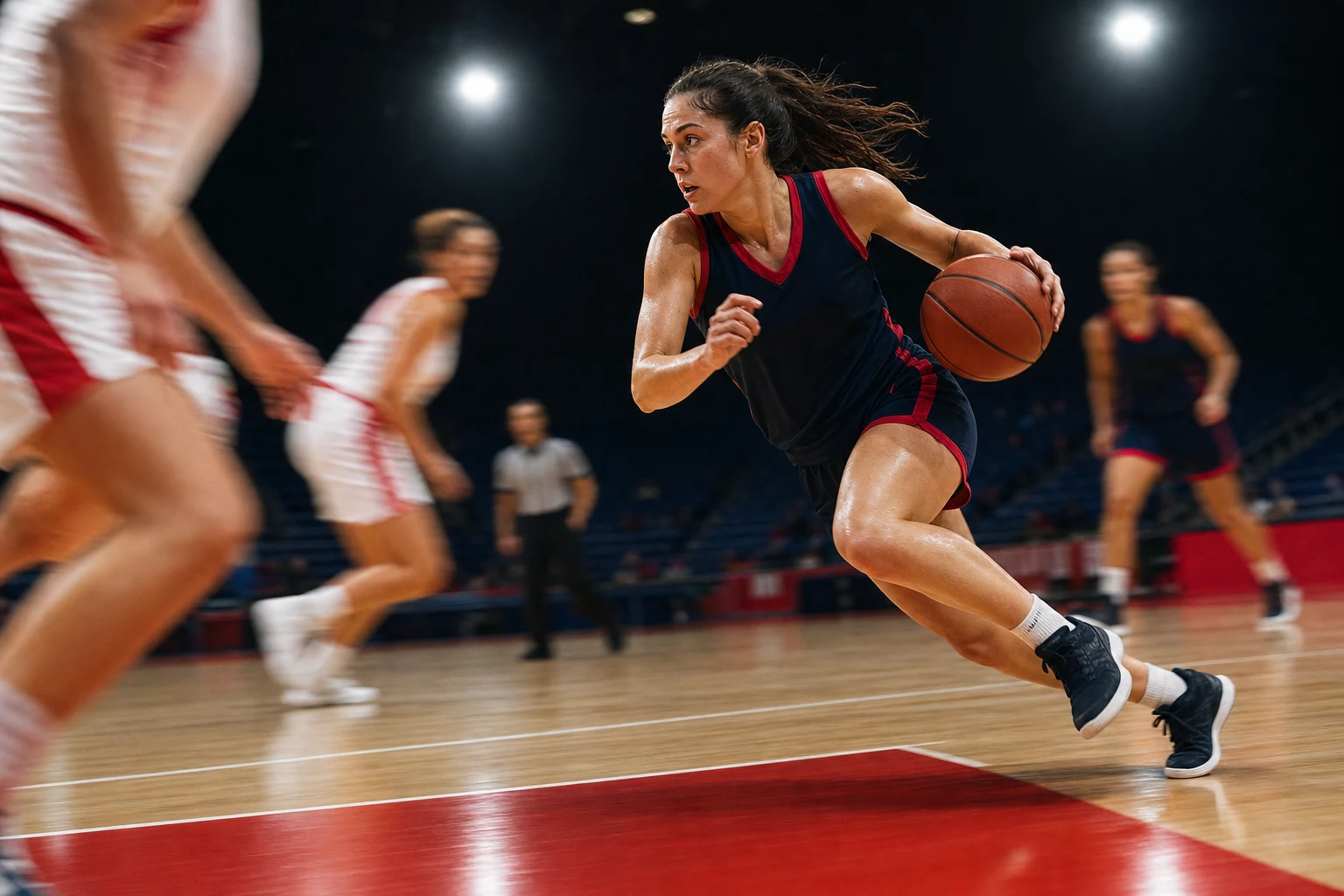 High-speed sports photograph of an athlete crossing a decisive moment in scarlet, navy, and white