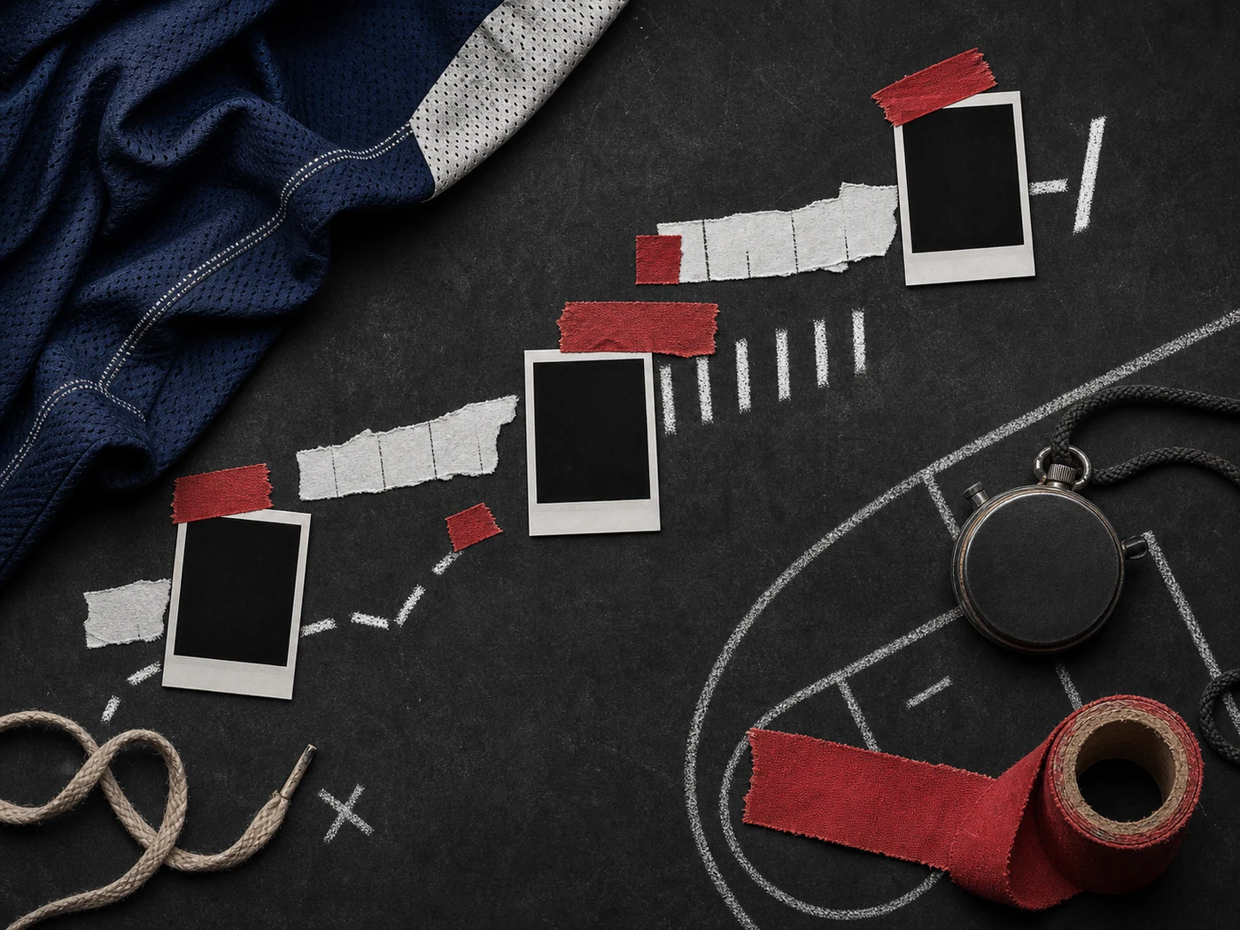 Athletic collage of taped schedules, worn fabric, court marks, and season evidence