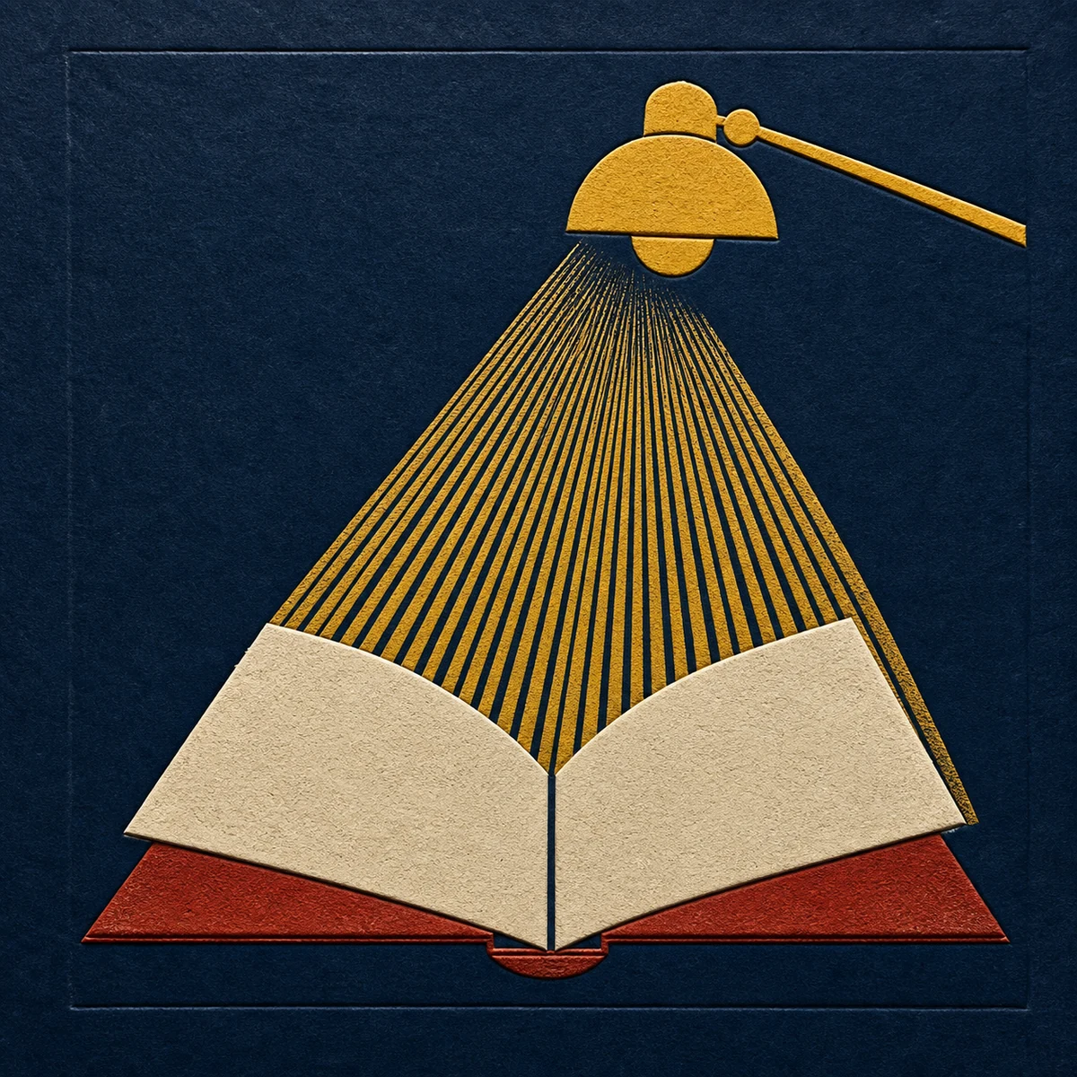 Letterpress image of a lamp above an open book without words
