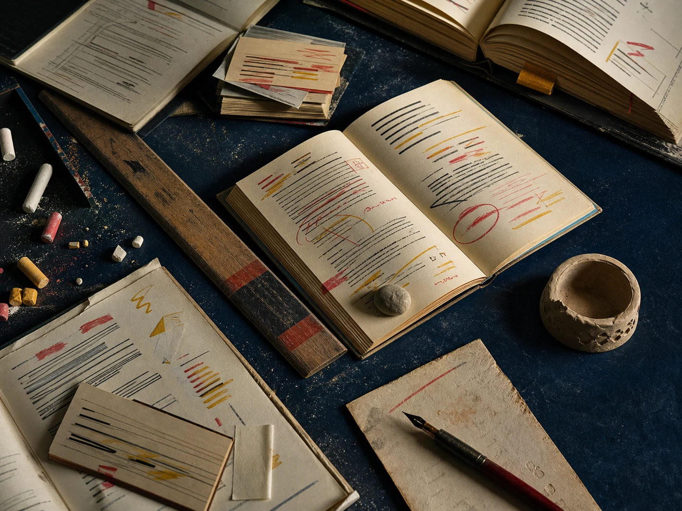 Still life of annotations, open books, chalk, paper, and a teacher's working materials