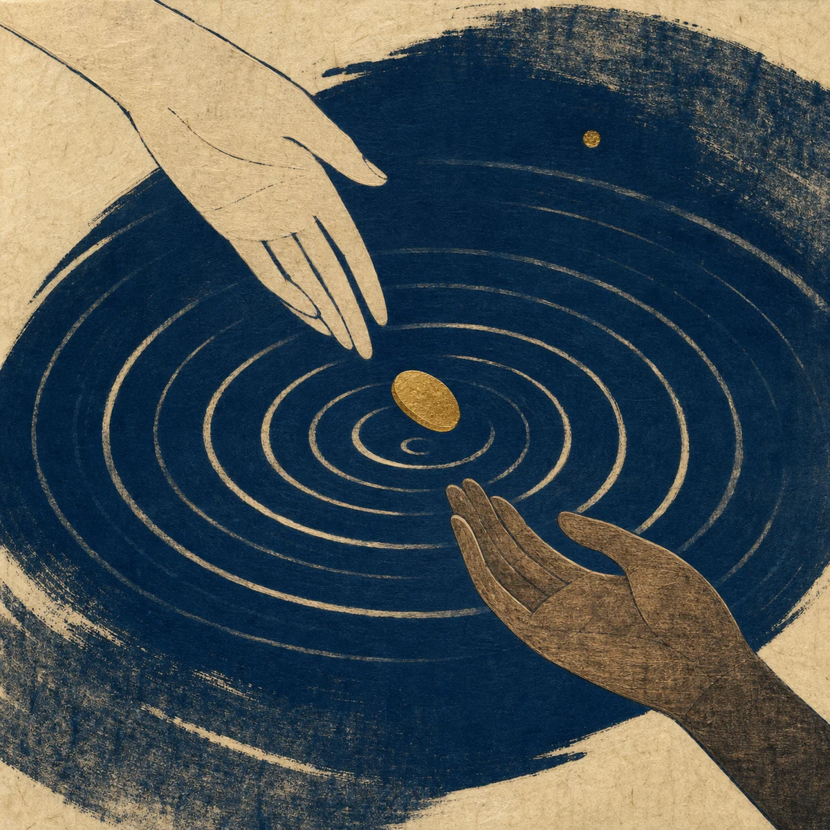 Japanese woodblock-inspired artwork of hands and widening water ripples