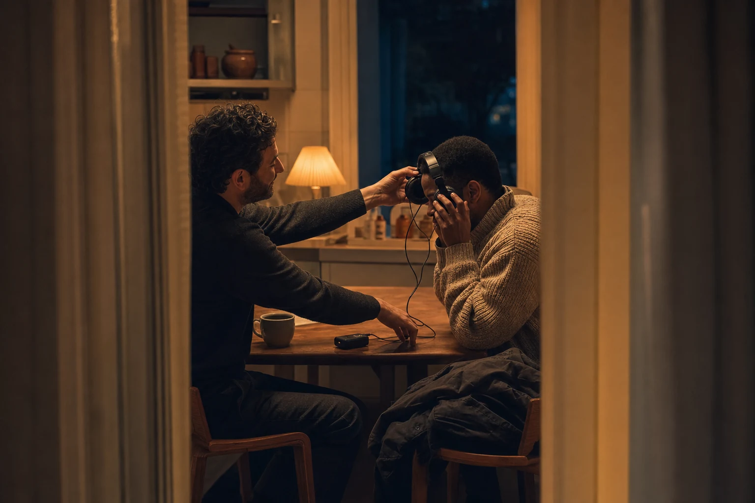 Private listening moment as one person offers another a pair of headphones in warm evening light