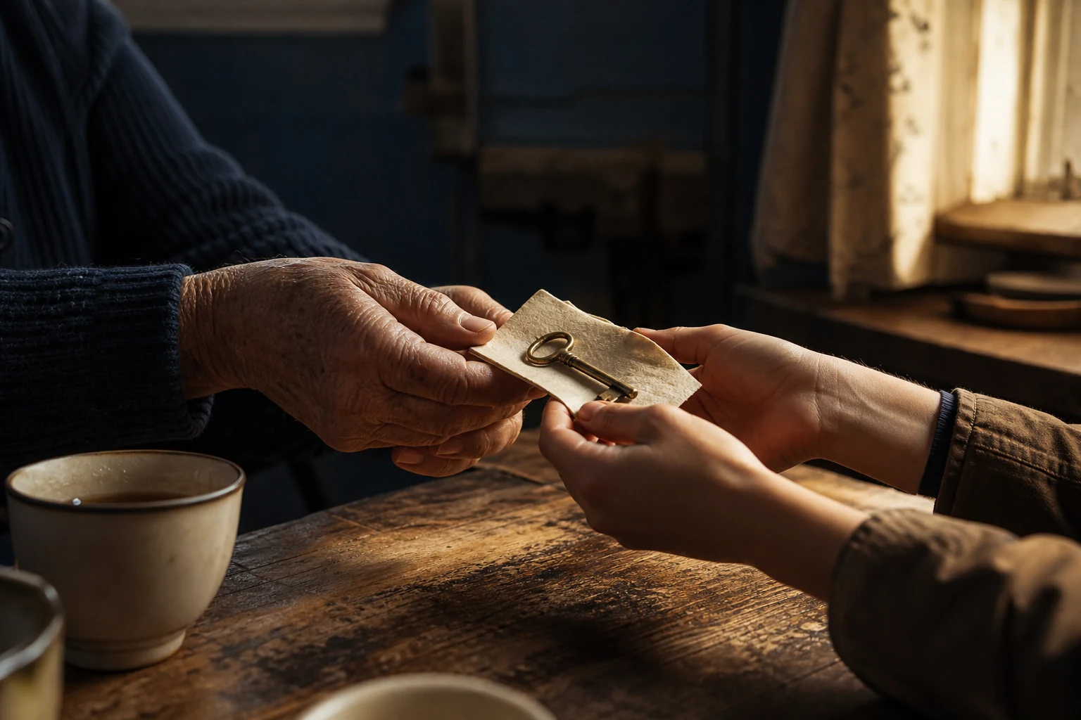 Humanist documentary photograph of two pairs of hands exchanging a small meaningful object