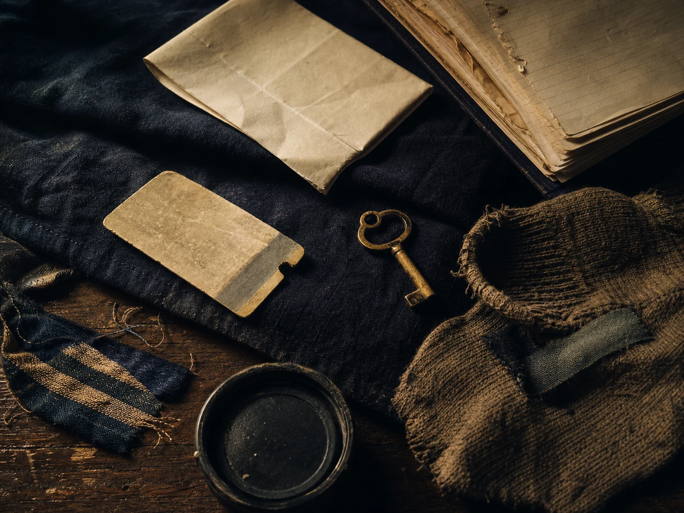 Time-worn archive of a letter, transit ticket, keys, notebook, and objects connected to practical help