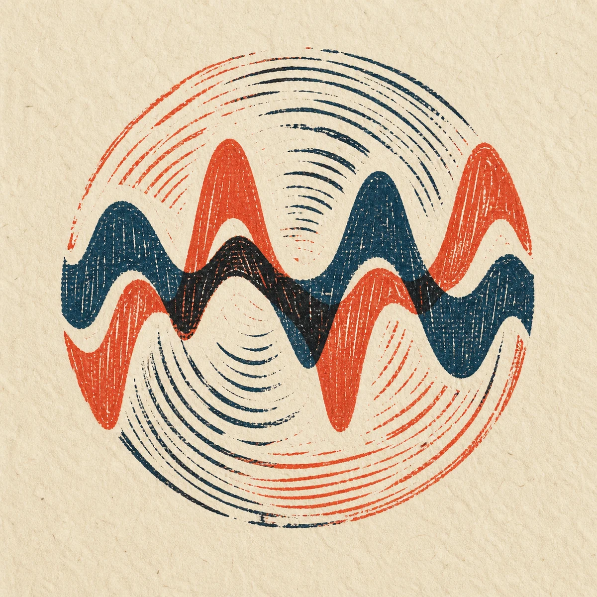 Linocut artwork of two sound waves crossing in a single continuous form