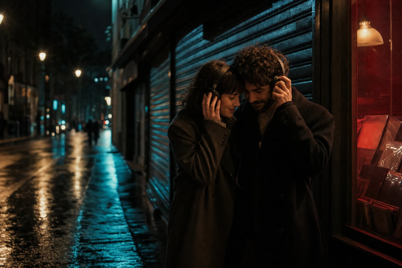 Couple sharing headphones on a city street at night