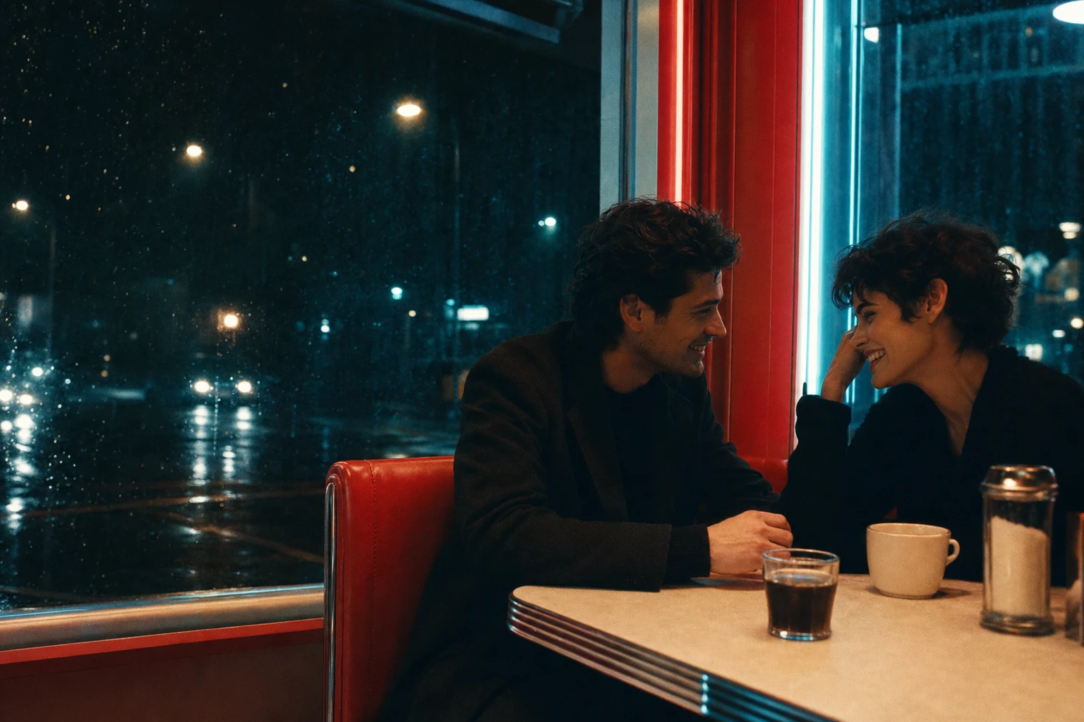 New-wave neon restaurant date photographed in red, cyan, cream, and black