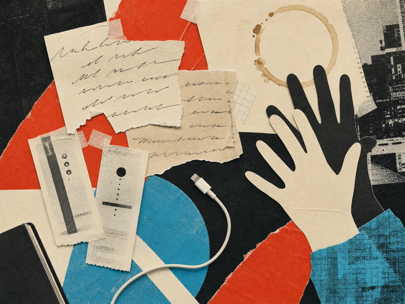 Collage of fragmented letters, receipts, and ordinary relationship keepsakes