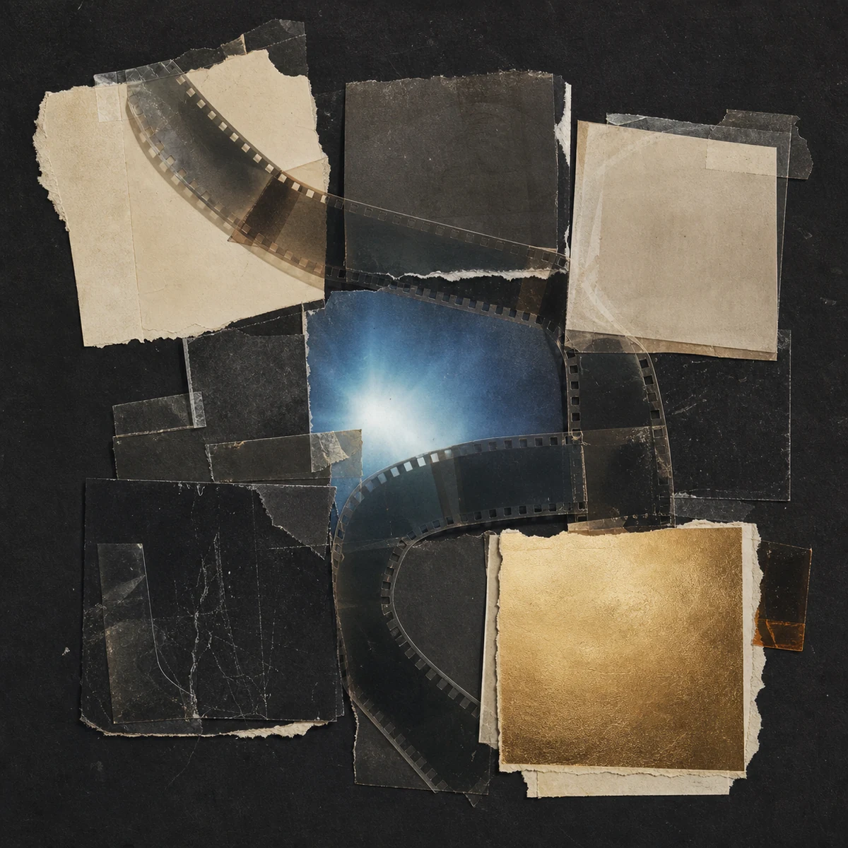 Abstract wedding film-strip collage in graphite, ivory, blue, and champagne
