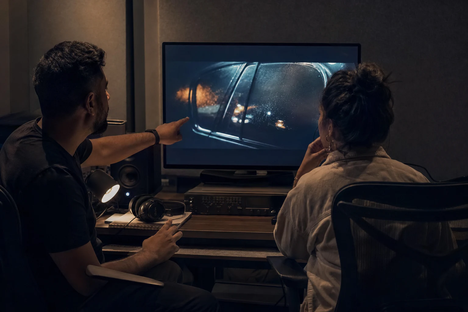 Videographer shaping a wedding film on a monitor in a dark edit suite