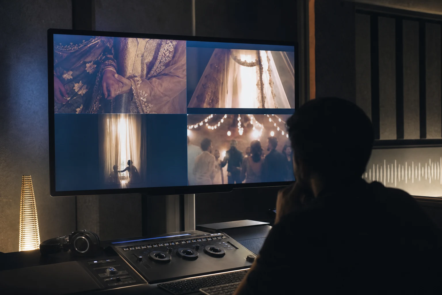 Wedding footage playing on a cinema monitor in graphite, champagne, and cold blue light