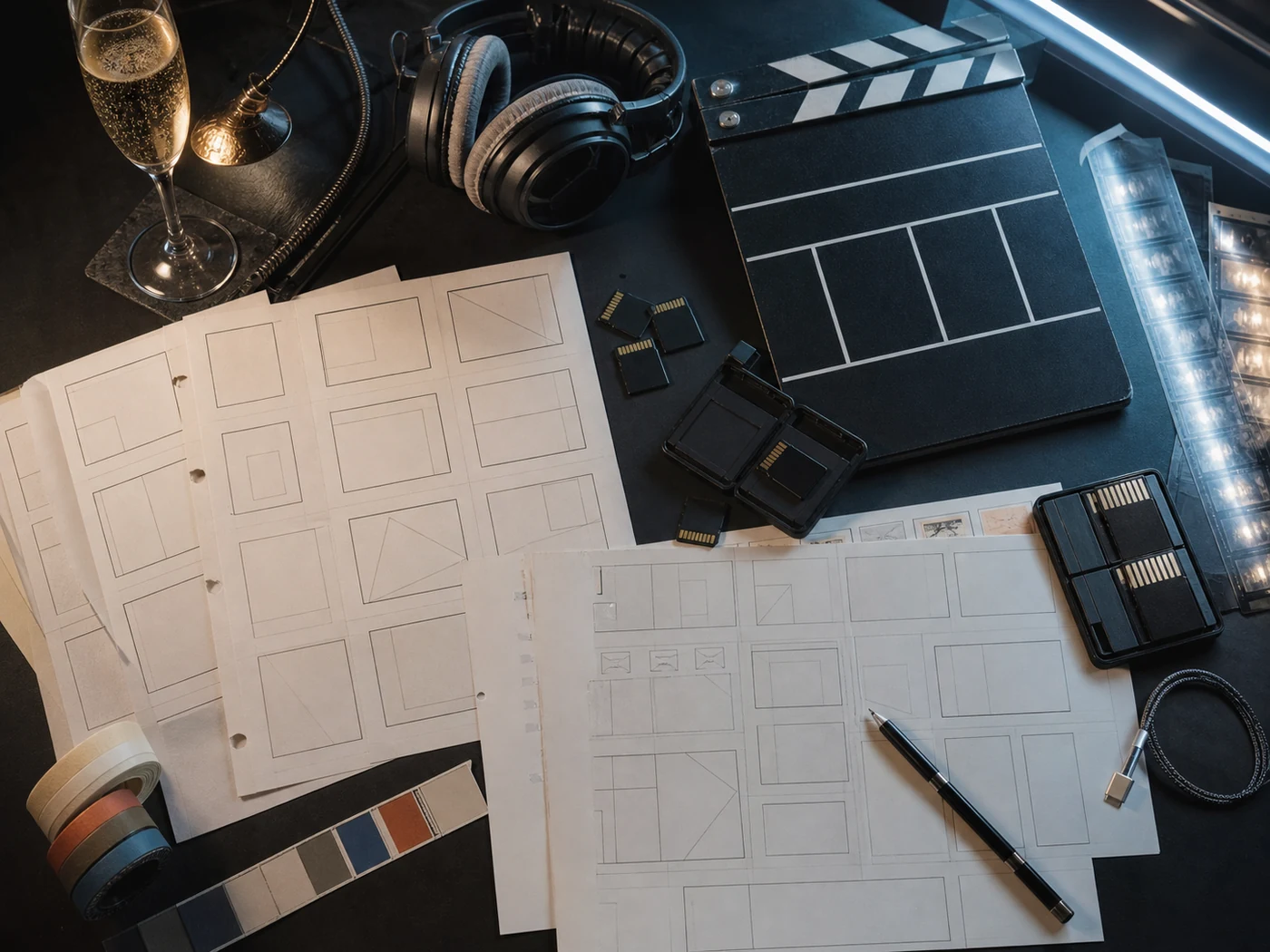 Shot list, storage cards, headphones, and an edit timeline arranged on a production desk