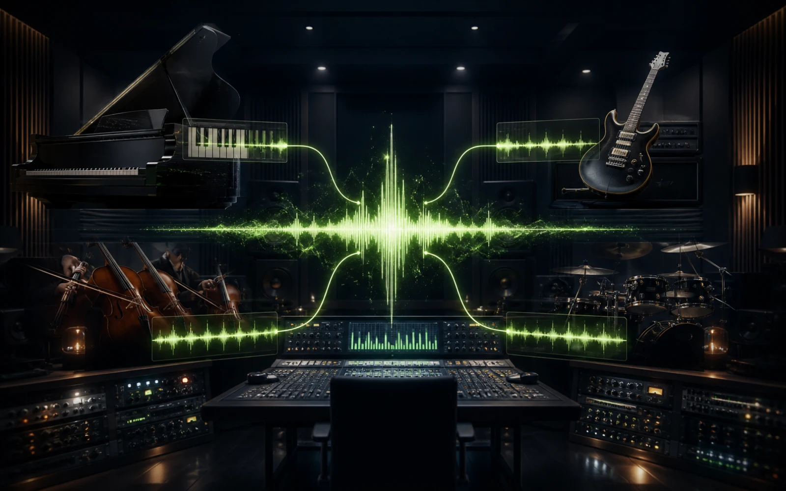 Producer agregando capas de guitarra, piano y batería a una canción existente