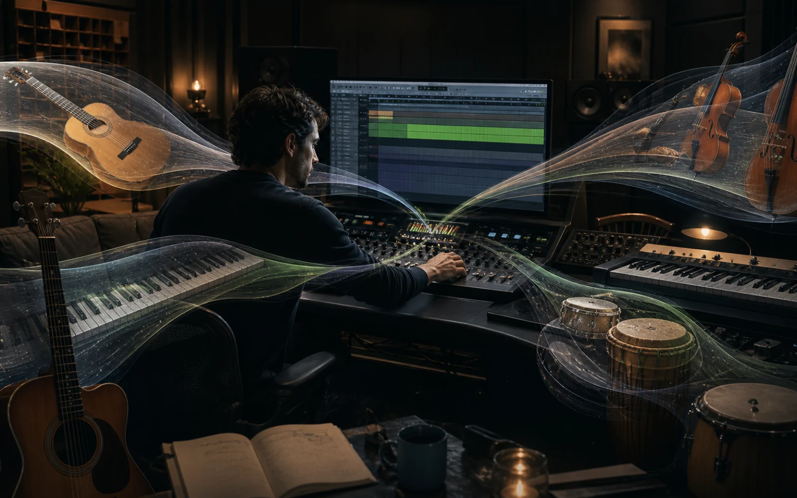 Compositor que compara arreglos dispersos y ampliados en un estudio oscuro
