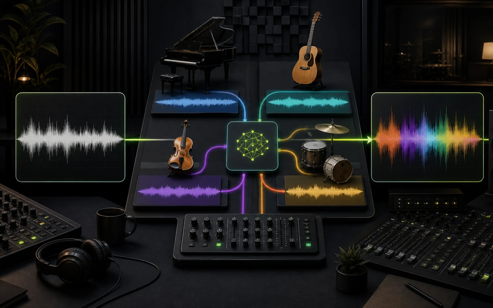 Capas de instrumentos dispuestas alrededor de una forma de onda vocal central.