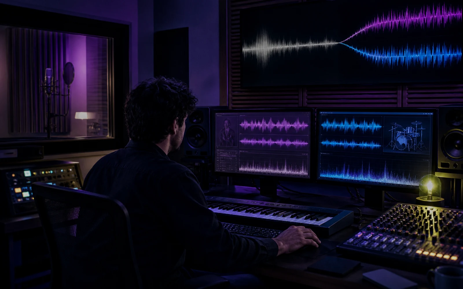 Producer façonnant une couverture vocale et une couverture de style AI dans un studio de musique sombre