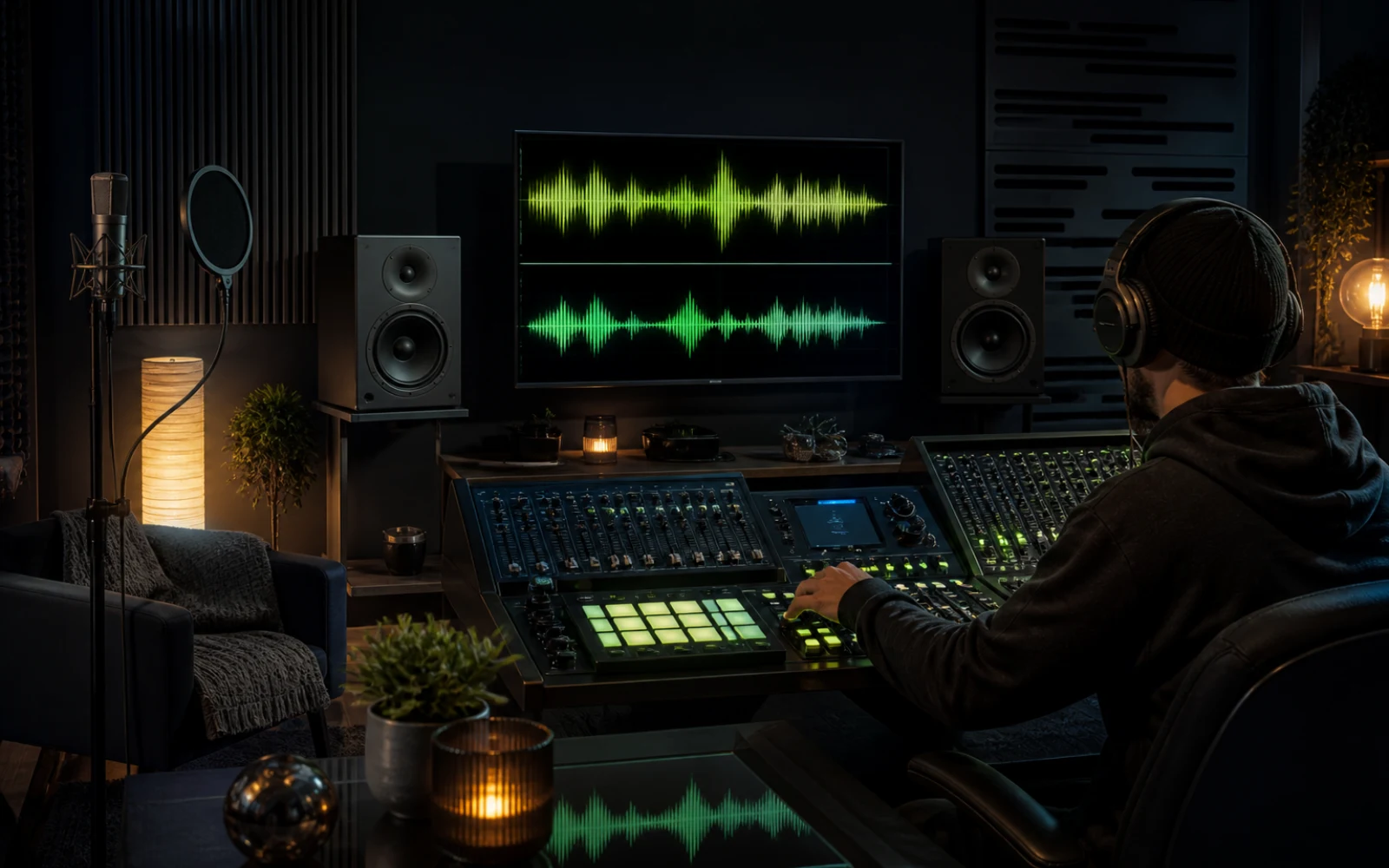 Cantante practicando con un instrumental mientras un productor revisa voces aisladas