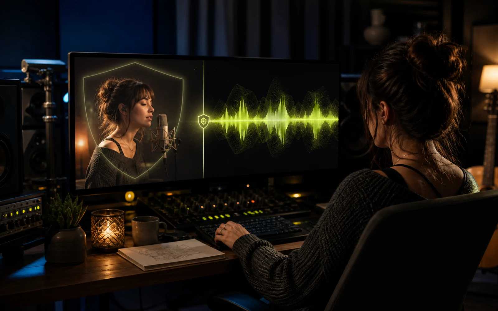 Cantante e produttore che rivedono una cover vocale autorizzata in uno studio