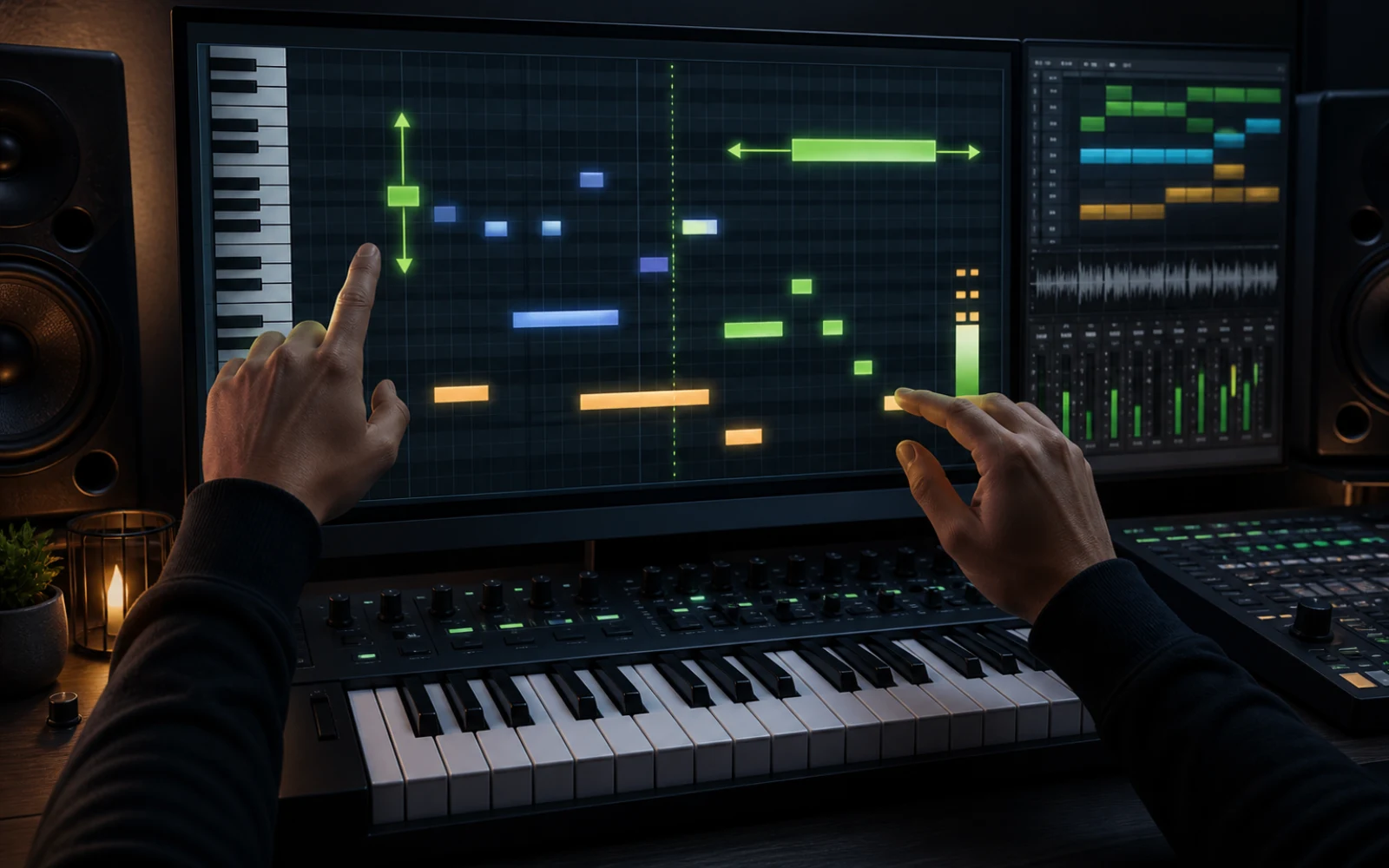 Producer, der Tonhöhe, Dauer, Timing und Geschwindigkeit in einer MIDI Pianorolle anpasst