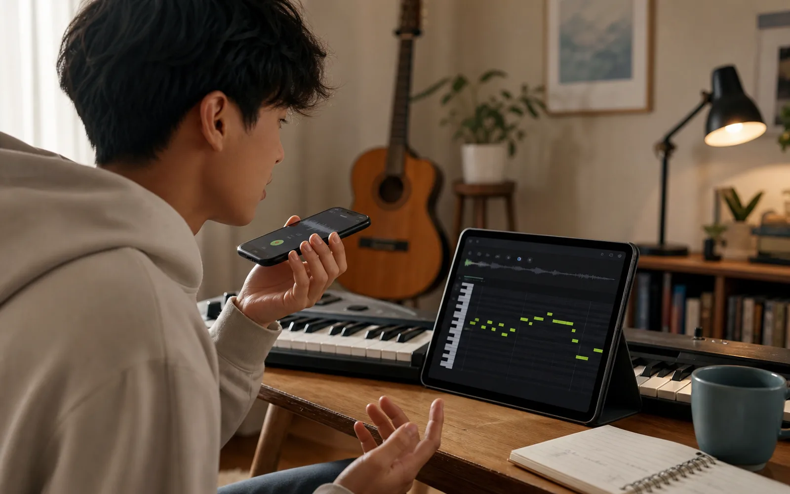 Music learner recording a melody and reviewing MIDI notes on a tablet