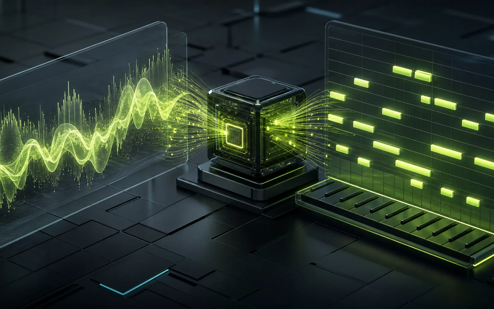 3D waveform turning into MIDI piano-roll blocks