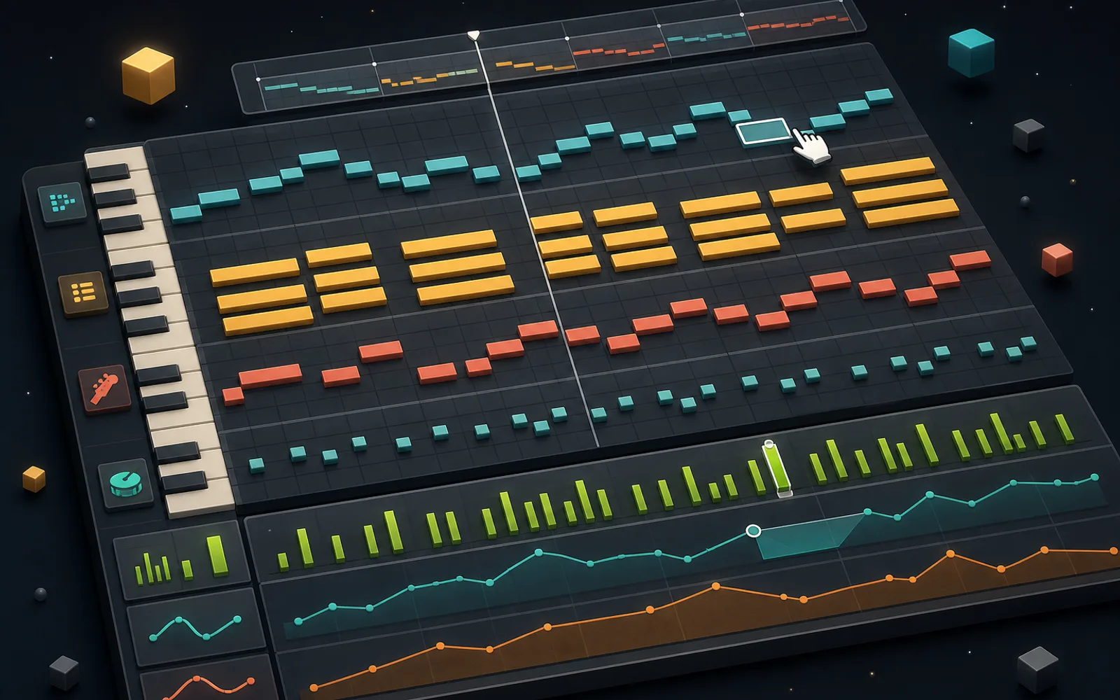 Isometric MIDI arrangement grid with editable note blocks