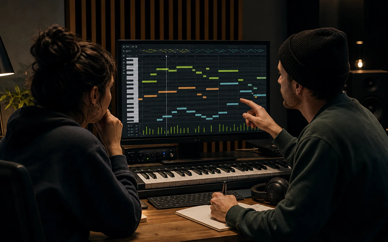 Two creators reviewing a MIDI arrangement in a studio