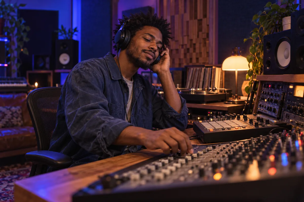 A producer listening on headphones while shaping a track at a mixing desk