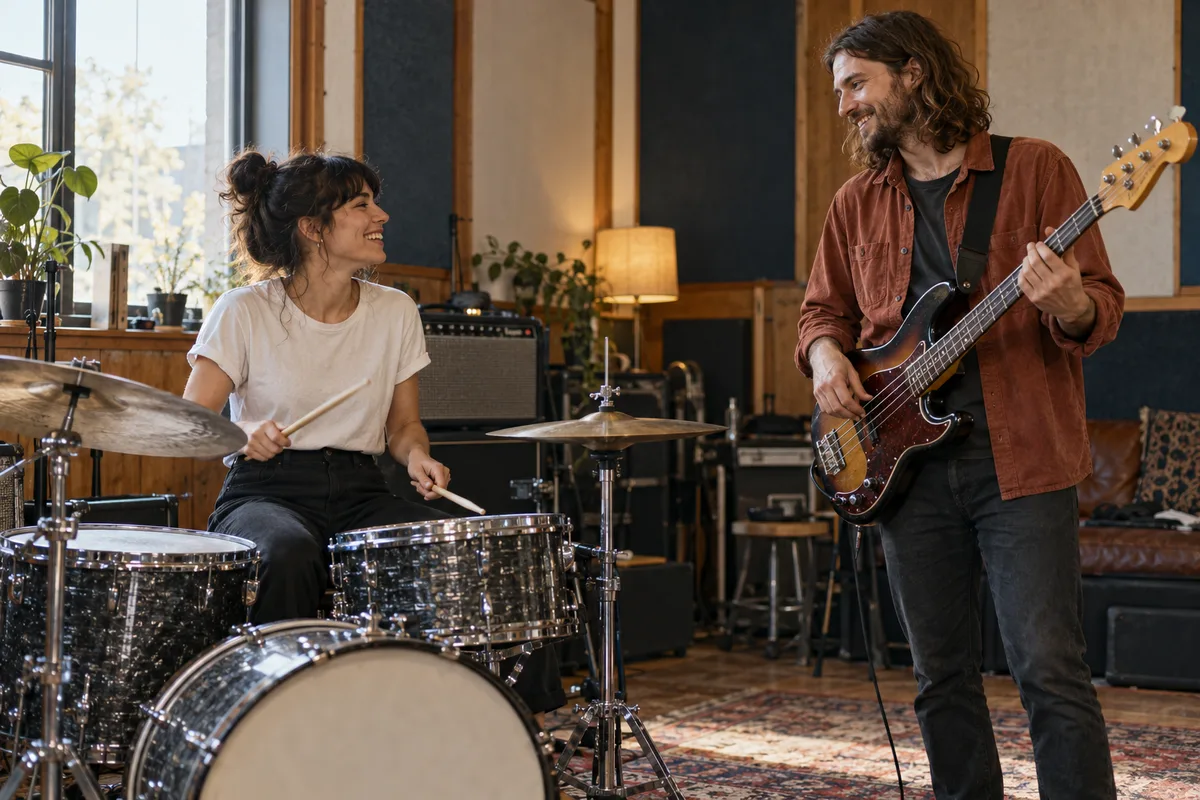 A drummer and bass player building a groove together in a rehearsal studio