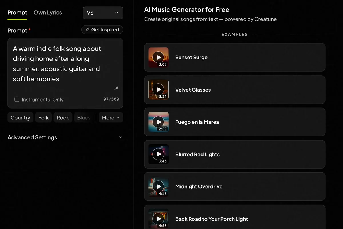 The Creatune music generator with a song prompt, style chips and the create button